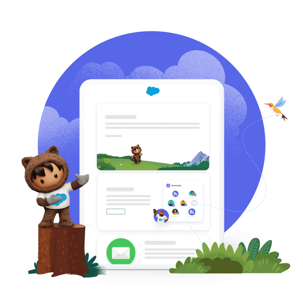 Salesforce mascot Astro standing on a tree log while presenting a slide.
