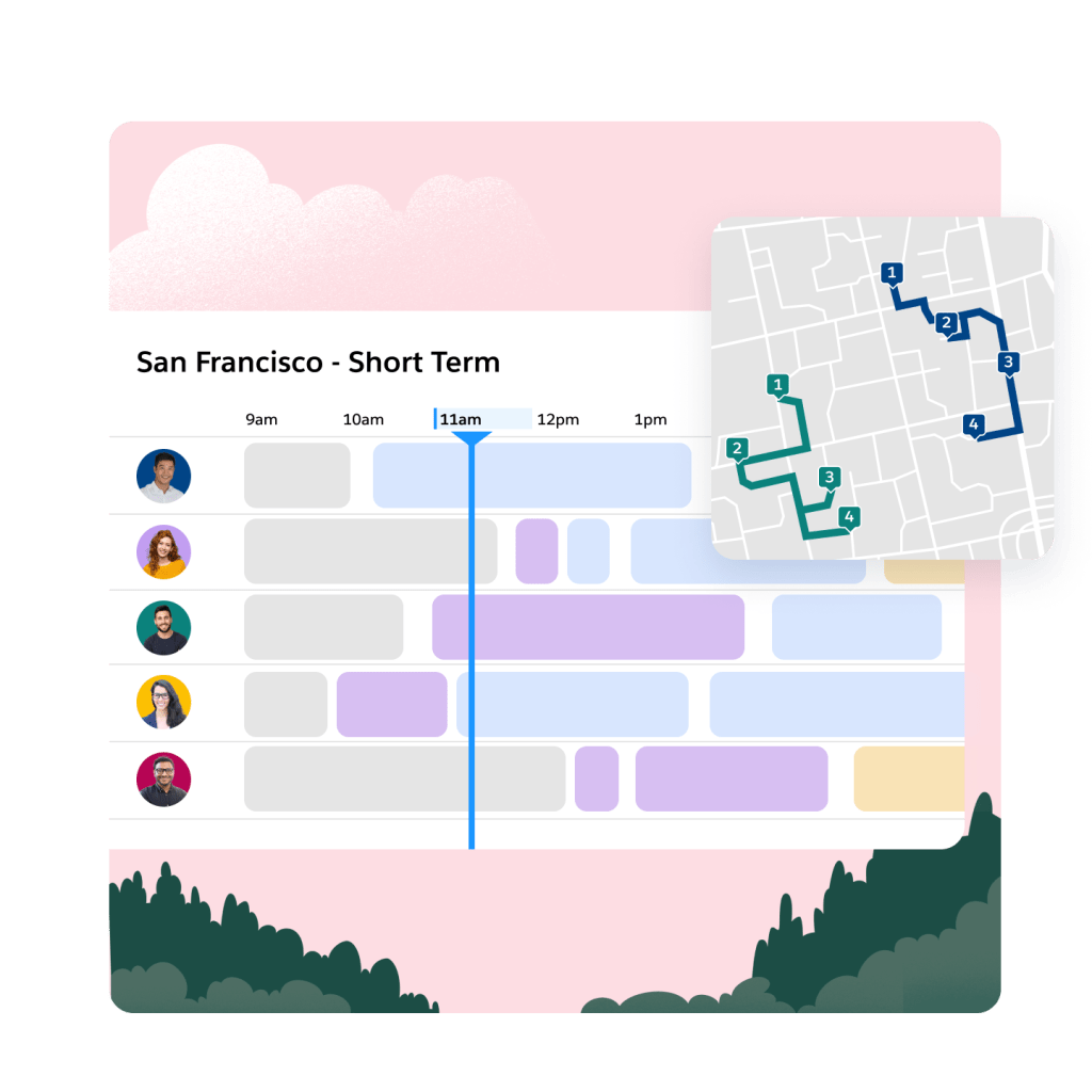 A schedule for a field team appears organised by speciality. A map shows the fastest routes to destination.