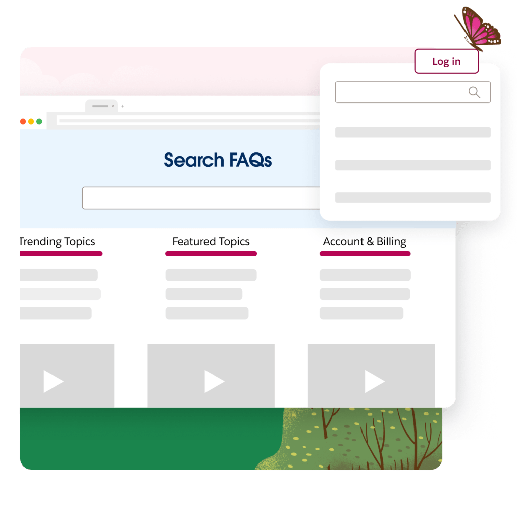 A screen shows an option to search FAQs with categories such as trending topics, featured topics and account & billing.