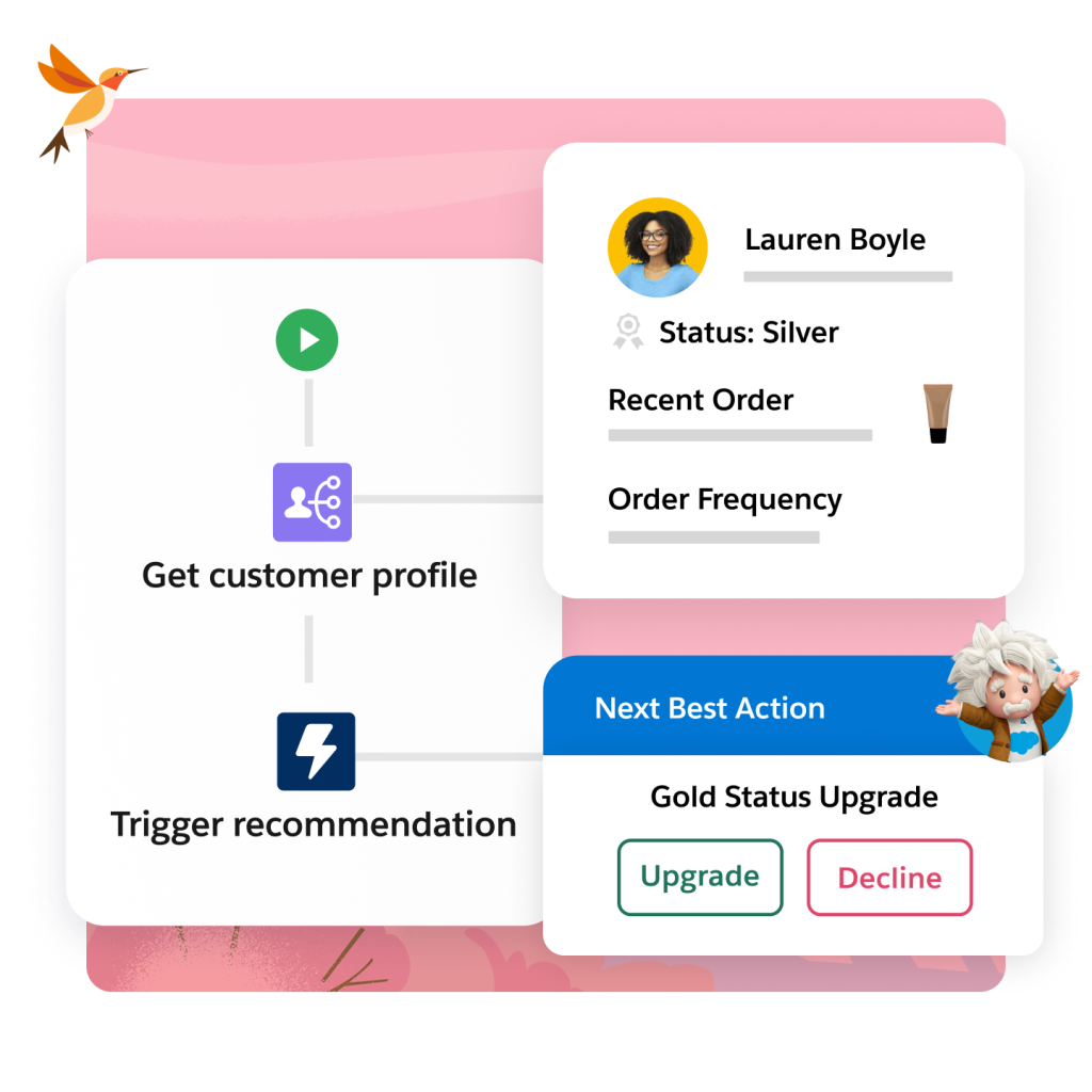 Options to get customer profile and trigger recommendations are shown with a customer profile and next best action.