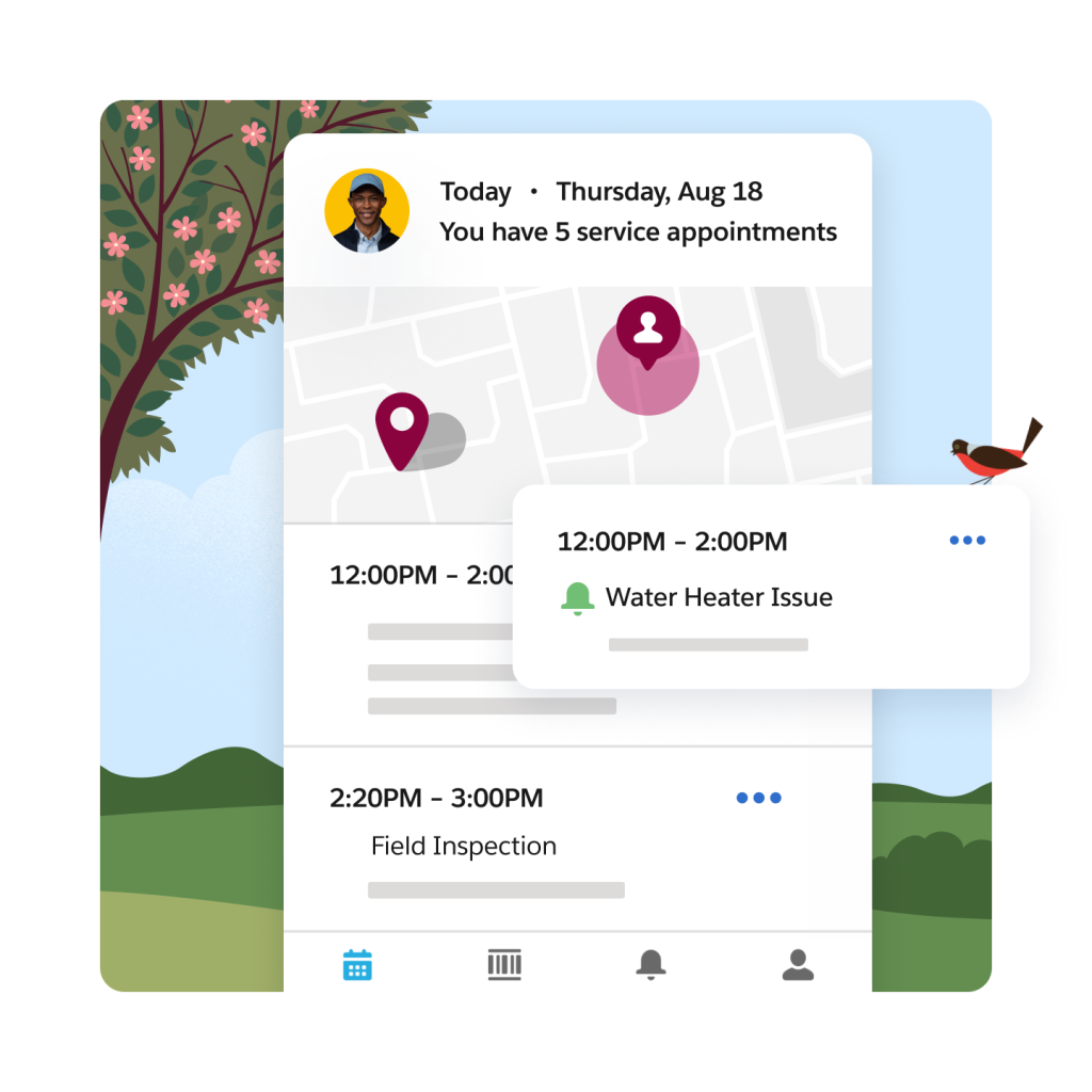A screen shows amount of service appointments, the time of a water heater appointment and field inspection.