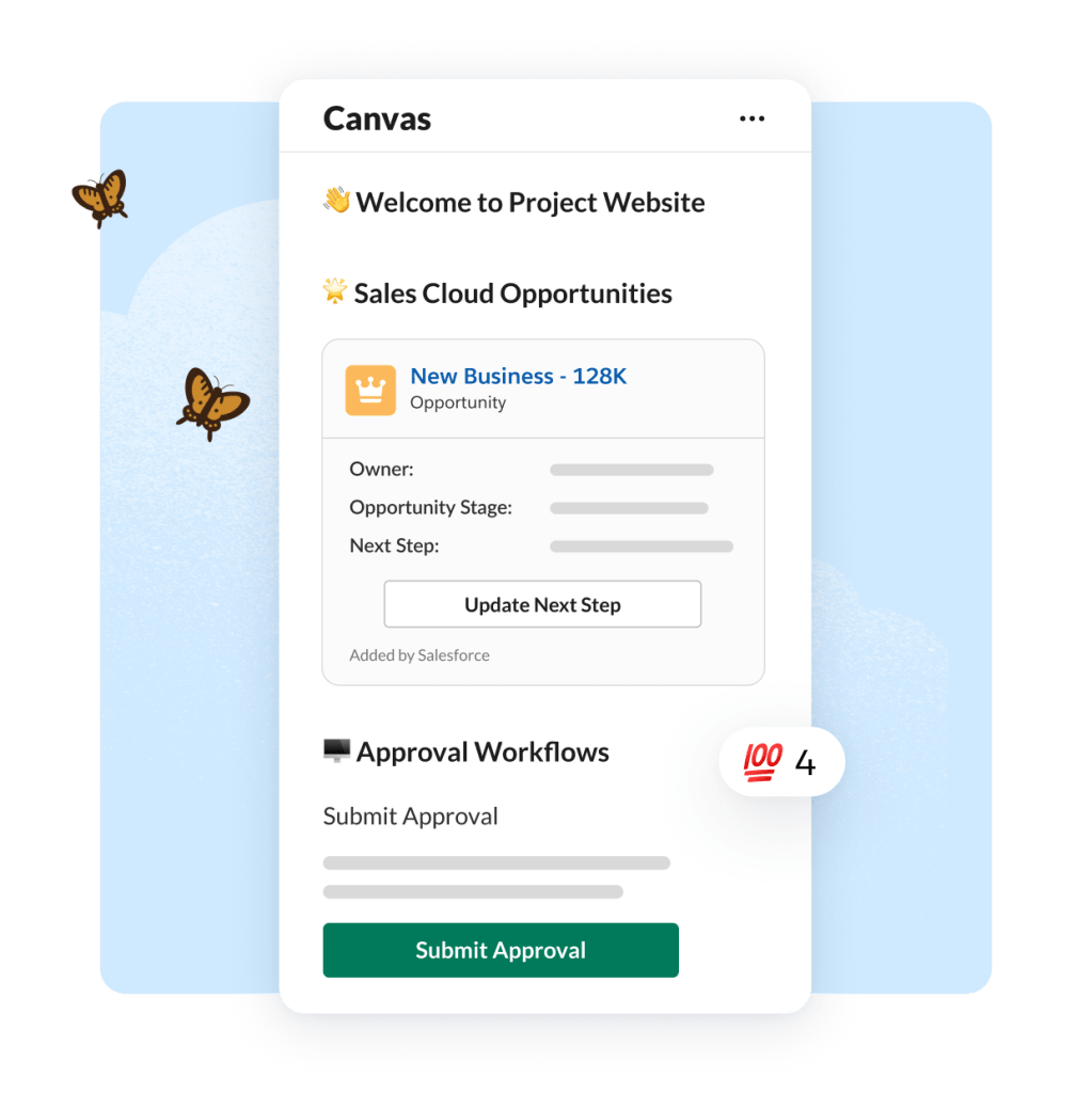 A Slack window shows Sales Cloud opportunties with infor such as the owner, opportunity stage and next step.