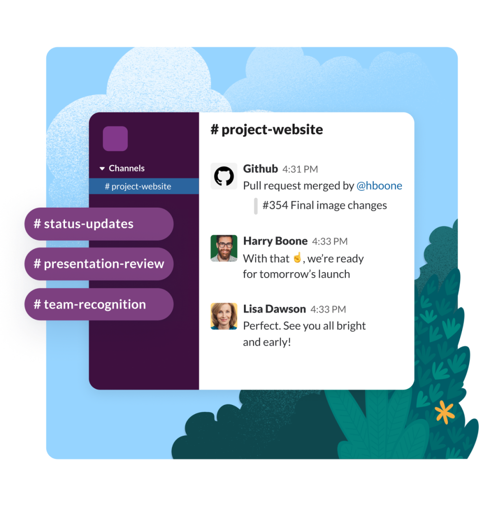 Slack messages show how Github shares information automatically as two employees message about a meeting.