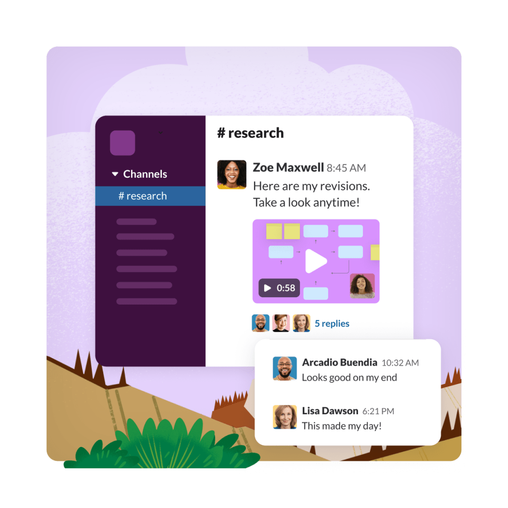 A chat window shows a research channel group with the ability to share files and message.