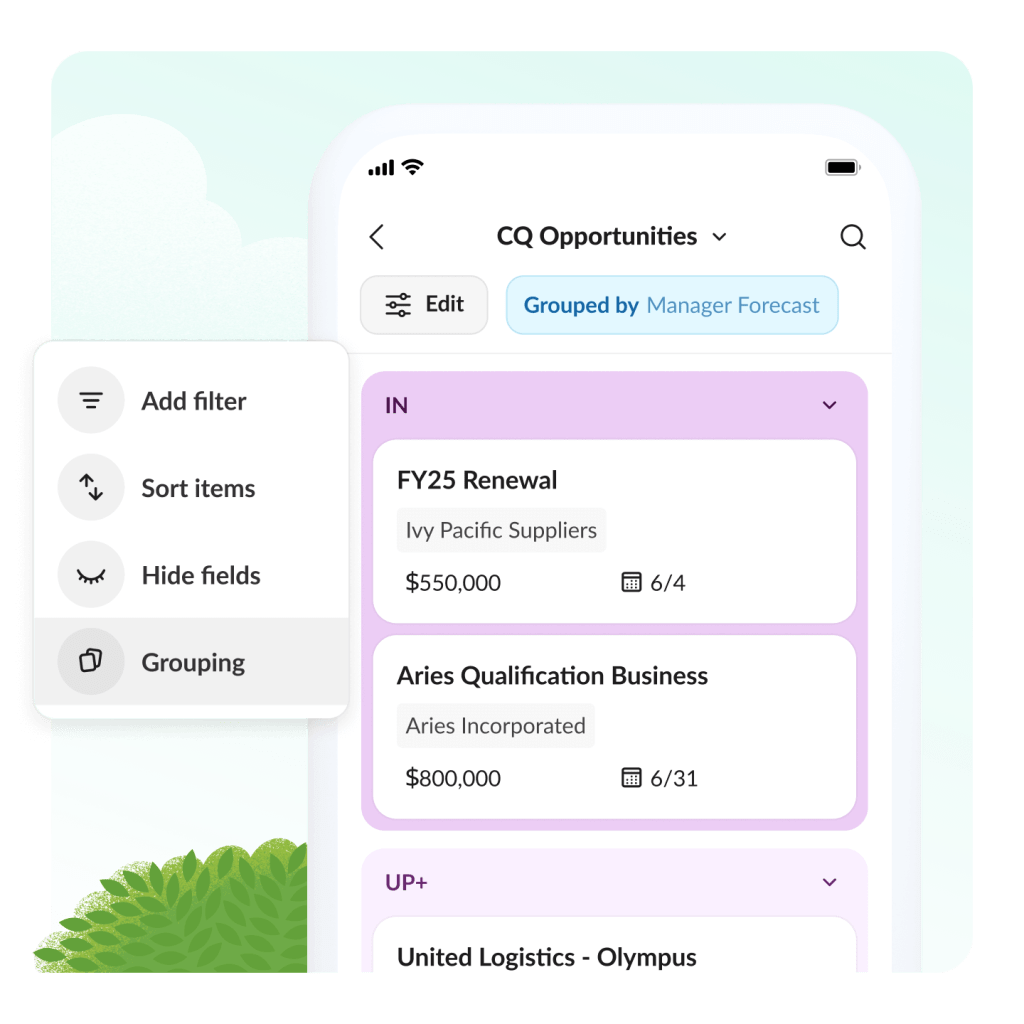 A mobile device shows CQ Opportunities grouped by Manager Forecast, the ability to edit, filter search, and see calendar.