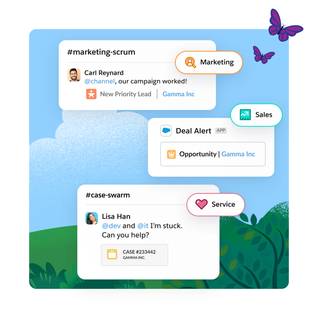 A Slack window shows Sales, Service and Marketing tool options.