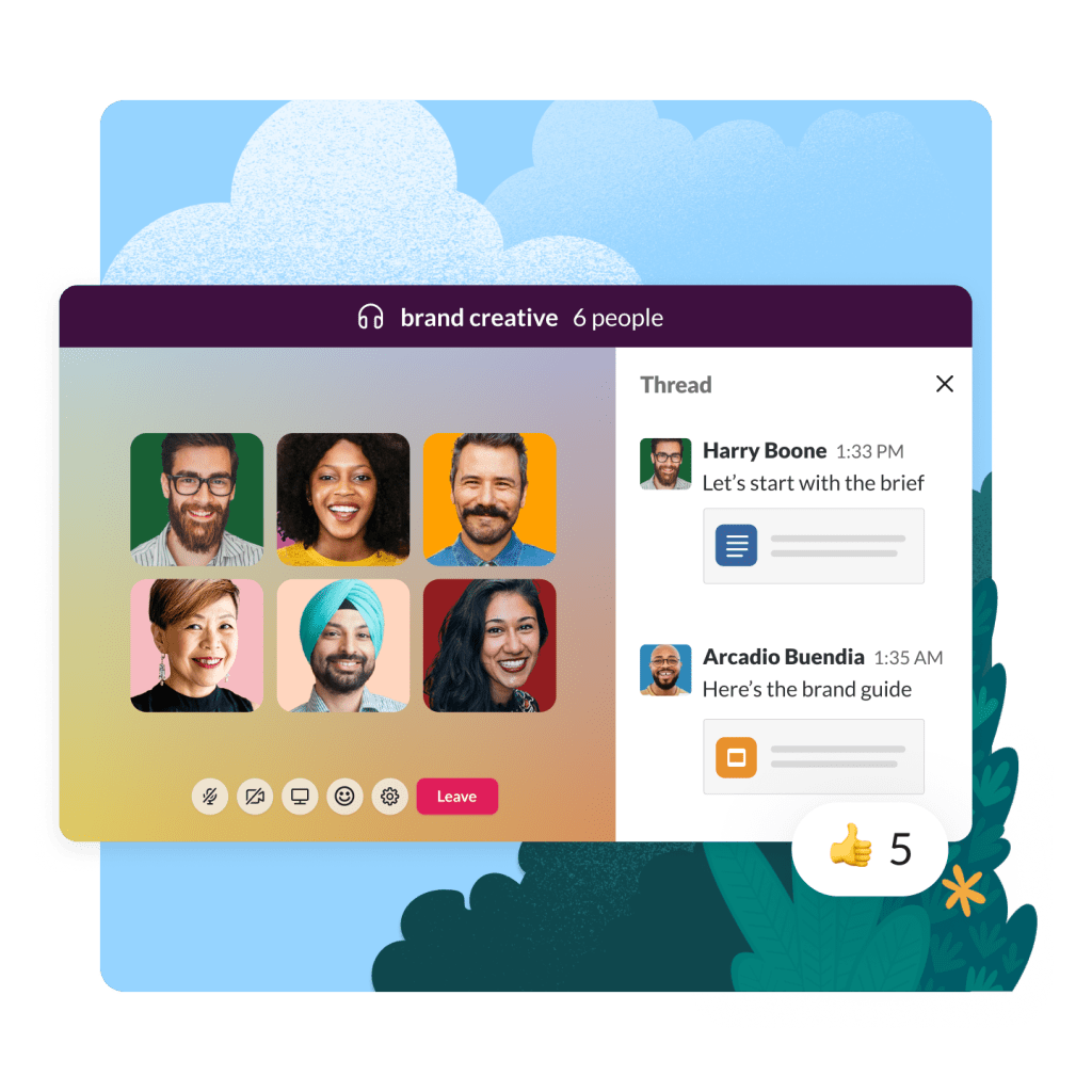 A Slack huddle window with video conferencing and chat features like file sharing and messaging.