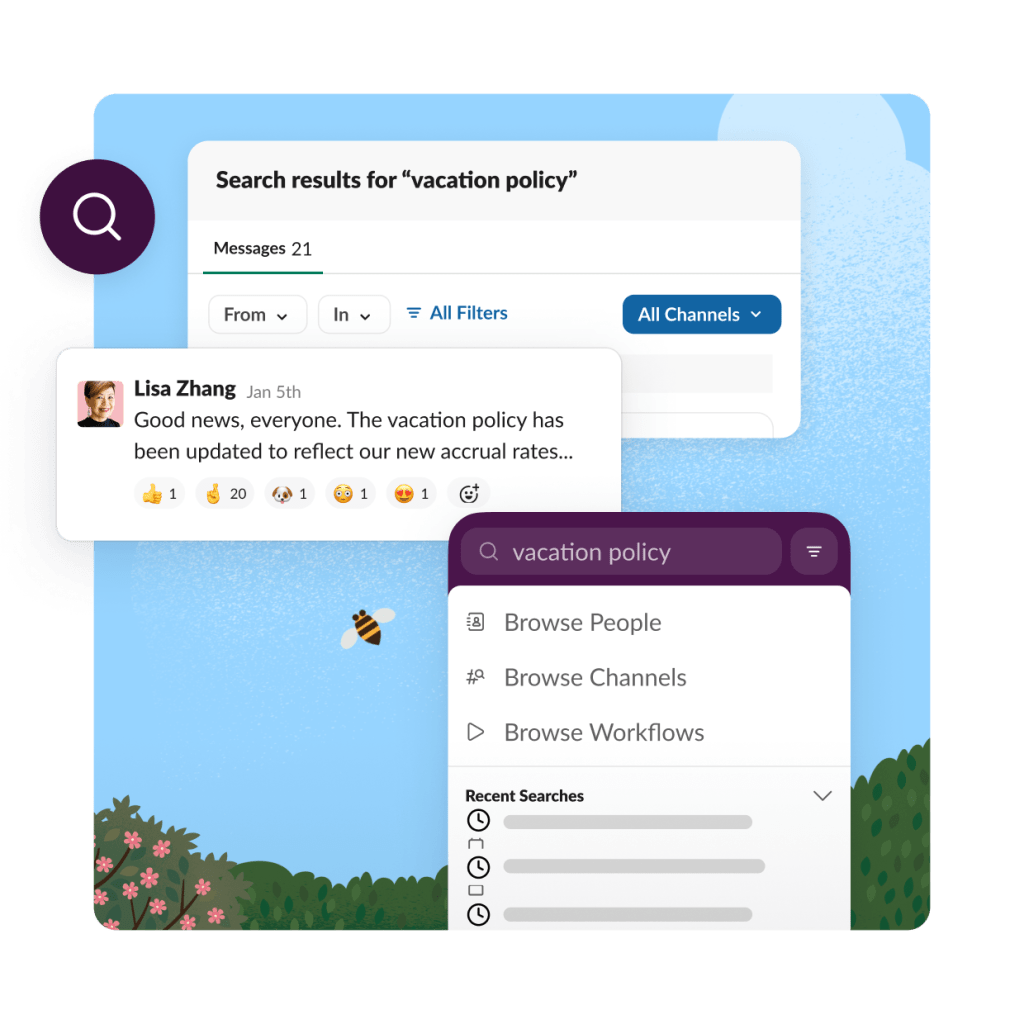 A person shares an update about a holiday policy. A search bar shows how you can quick search Slack to find info.