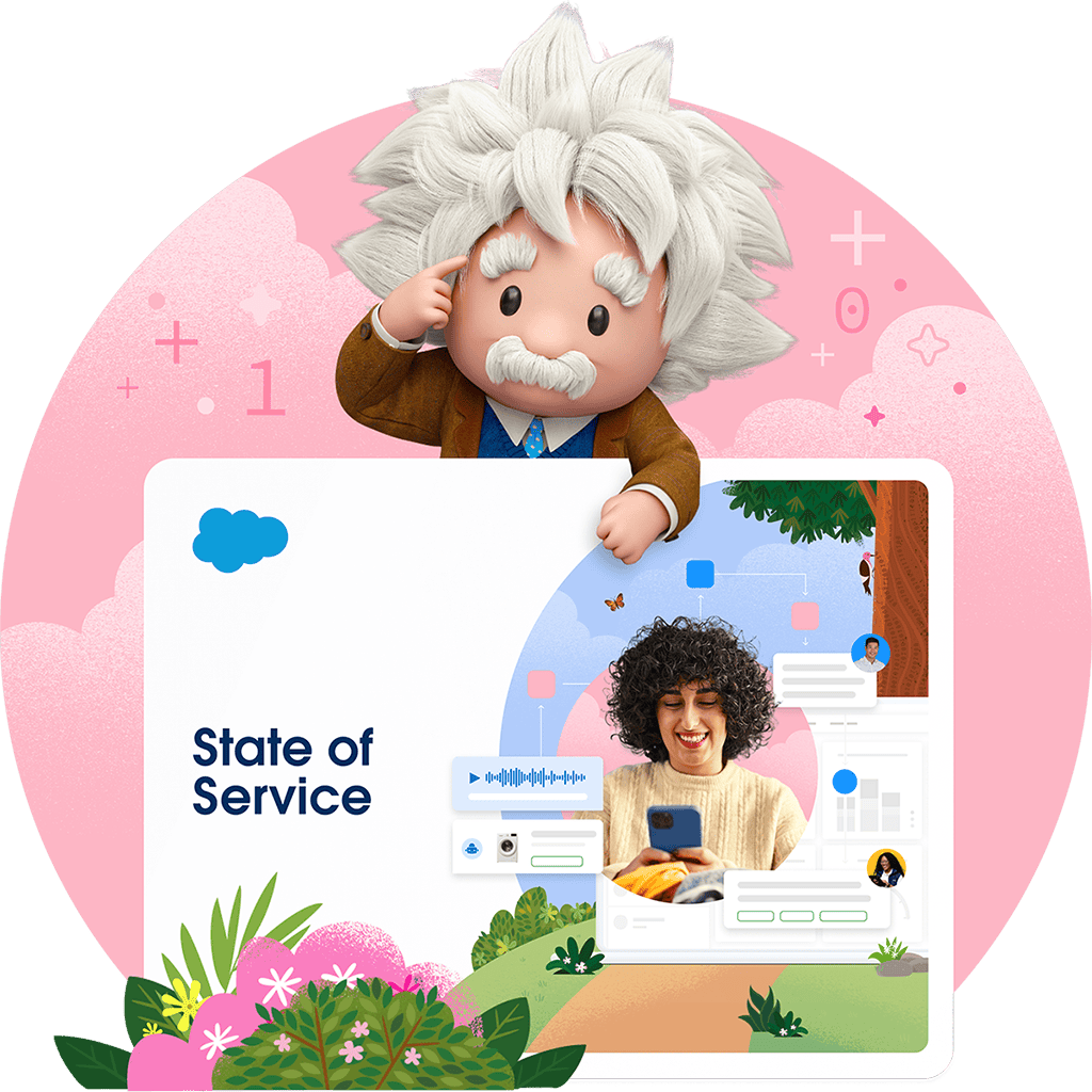 Salesforce mascot Einstein showcasing the title slide of the State of Service report.