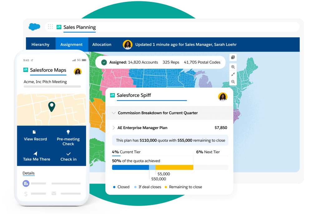 A windows shows a Sales Planning screen, a mobile device shows a Salesforce maps screen, and a pop out shows a Salesforce Spiff screen.