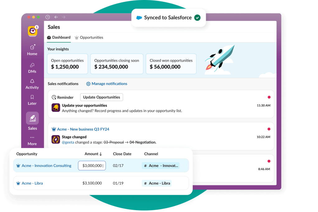Sales leaders can change the numbers in their accounts from {product.slack}} based on real time conversational updates.