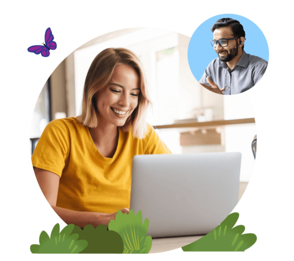 A smiling woman sitting in front of a computer chats with a support representative.