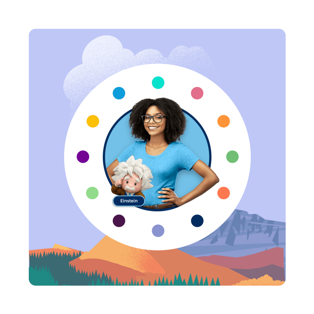 A forest with desert mountains in the background. In front is a woman in a circle of dots that depict each cloud in the Salesforce platform with the Einstein character.