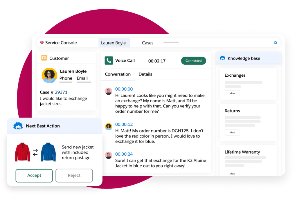 An omni-channel platform displaying a customer case and next best actions